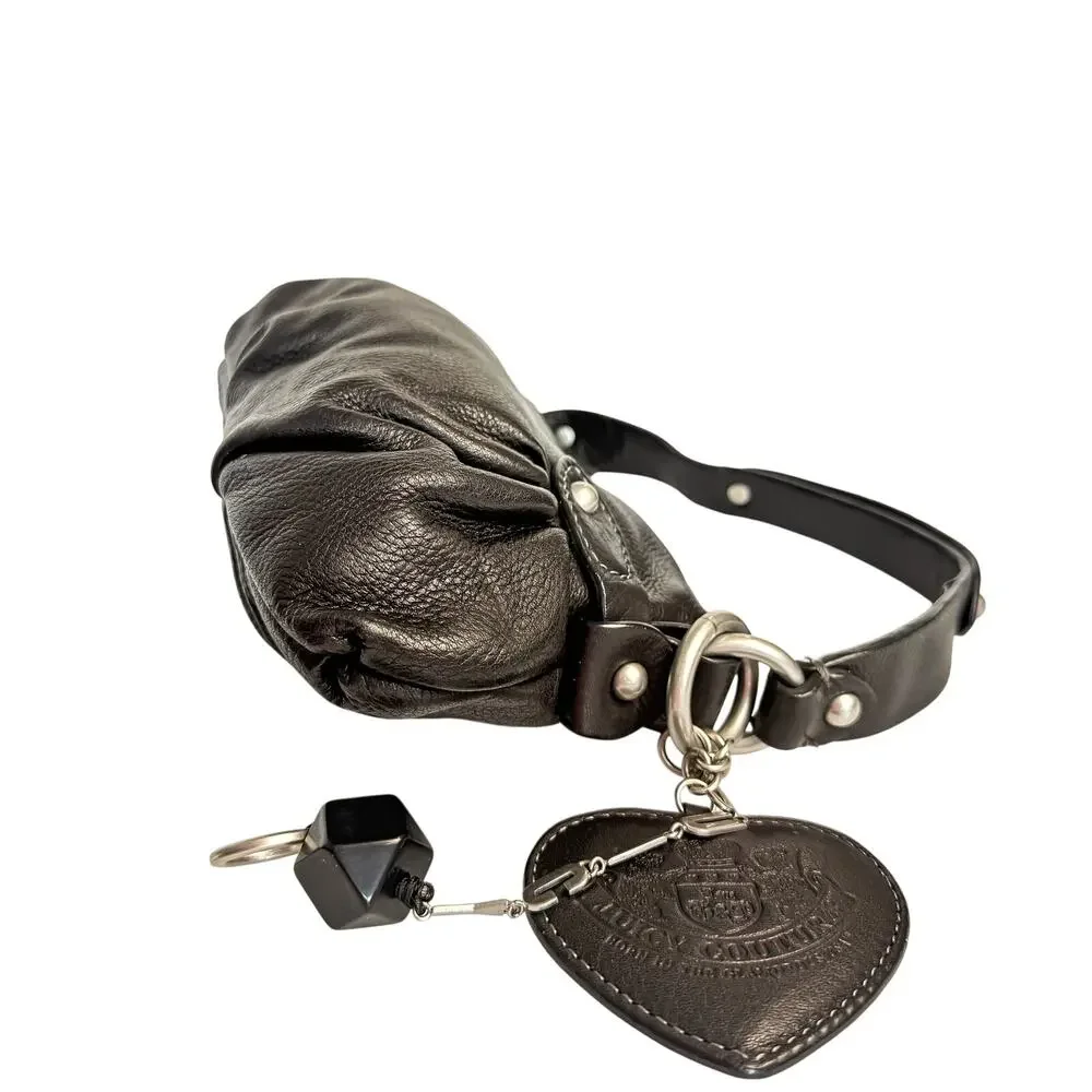Vintage Y2K Juicy Couture USA Made Black Leather baguette Hobo Bag Heart Charm